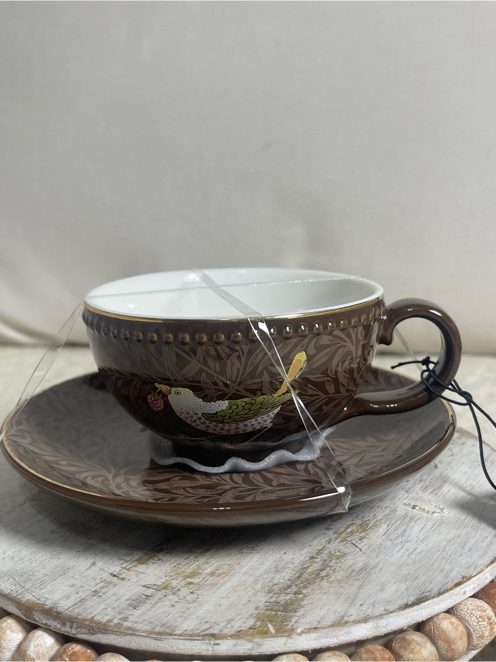 Brown Decorative Bird Teacup and Saucer Morris & co strawberry thrift